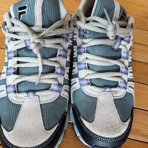 Fila Athletic Shoes - Blue, creamy gray suede, lavender highlights.